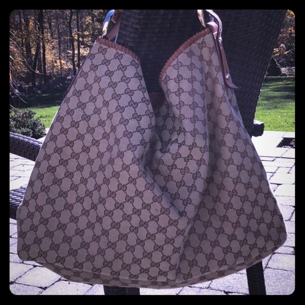 Gucci Horsebit Leather Handle Canvas Bag